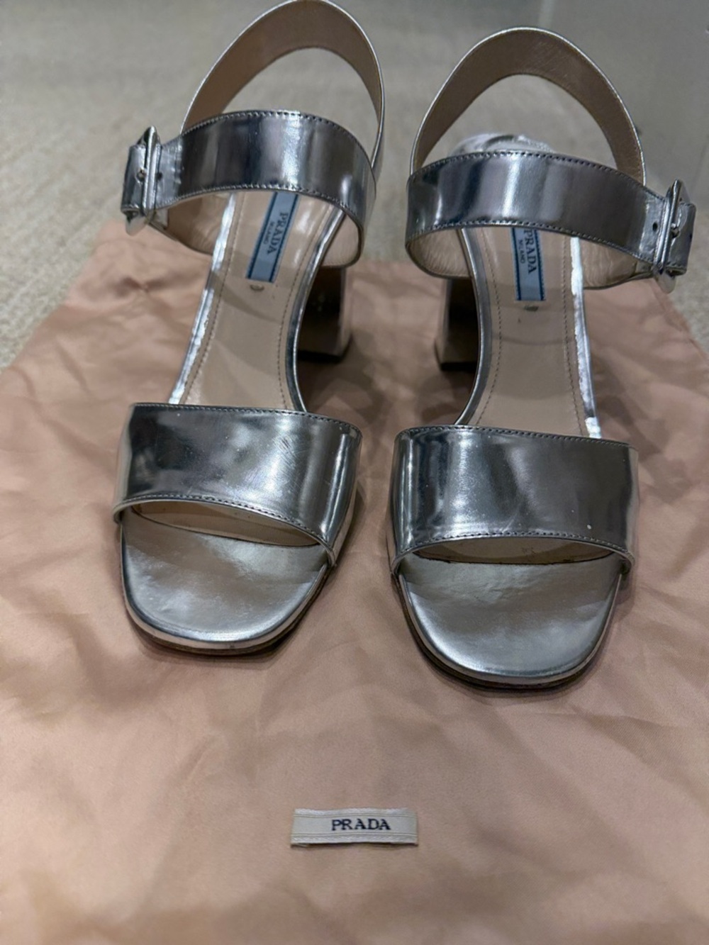 Vintage Prada Metallic Silver Leather Block-Heel Sandals size 39